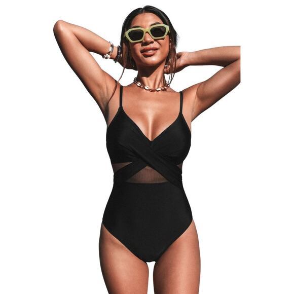 Cupshe Women's Solid Mesh Wrap Front Cutout Black One Piece Swimsuit Black Large - Picture 1 of 7